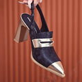 Women's black chunky heel strap sandals with pointed toe and elastic band, Korean style design.