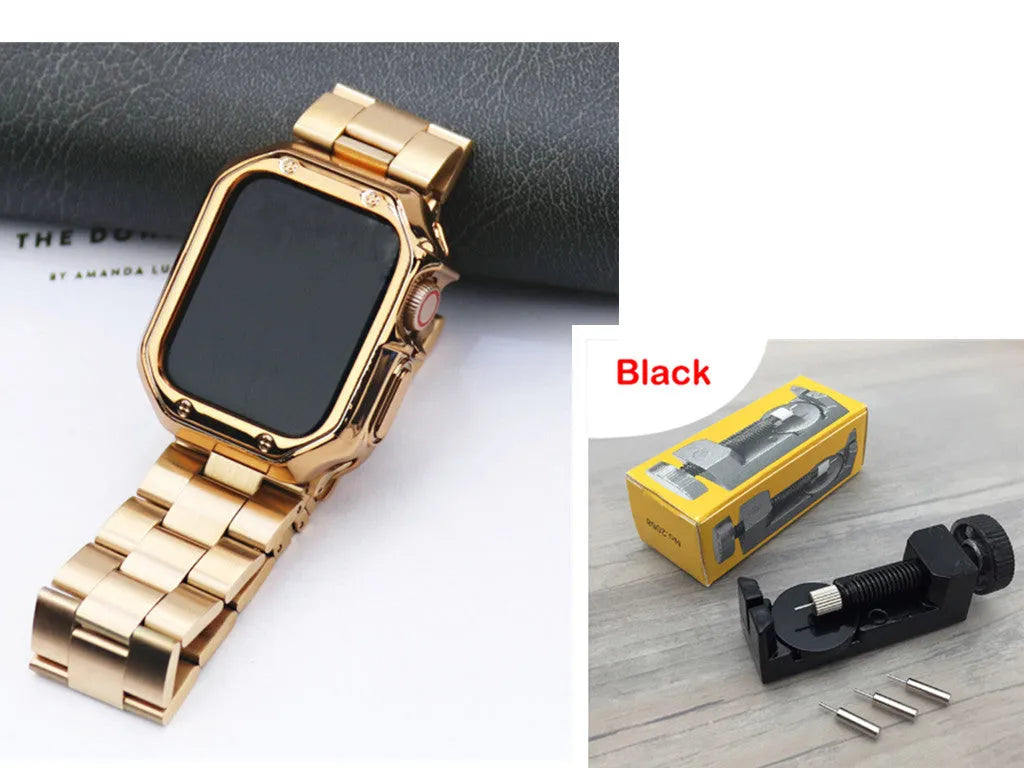 Stainless steel link band and black TPU protective frame for Apple Watch 44mm case
