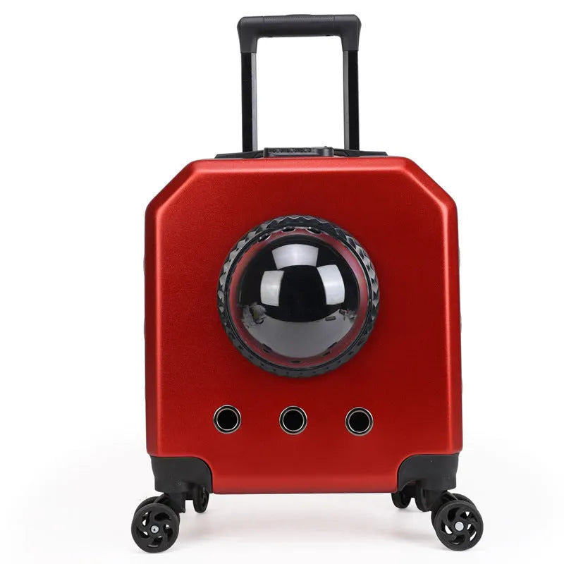 PVC hard-shell pet flight case with trolley handle in solid colour options for airline travel