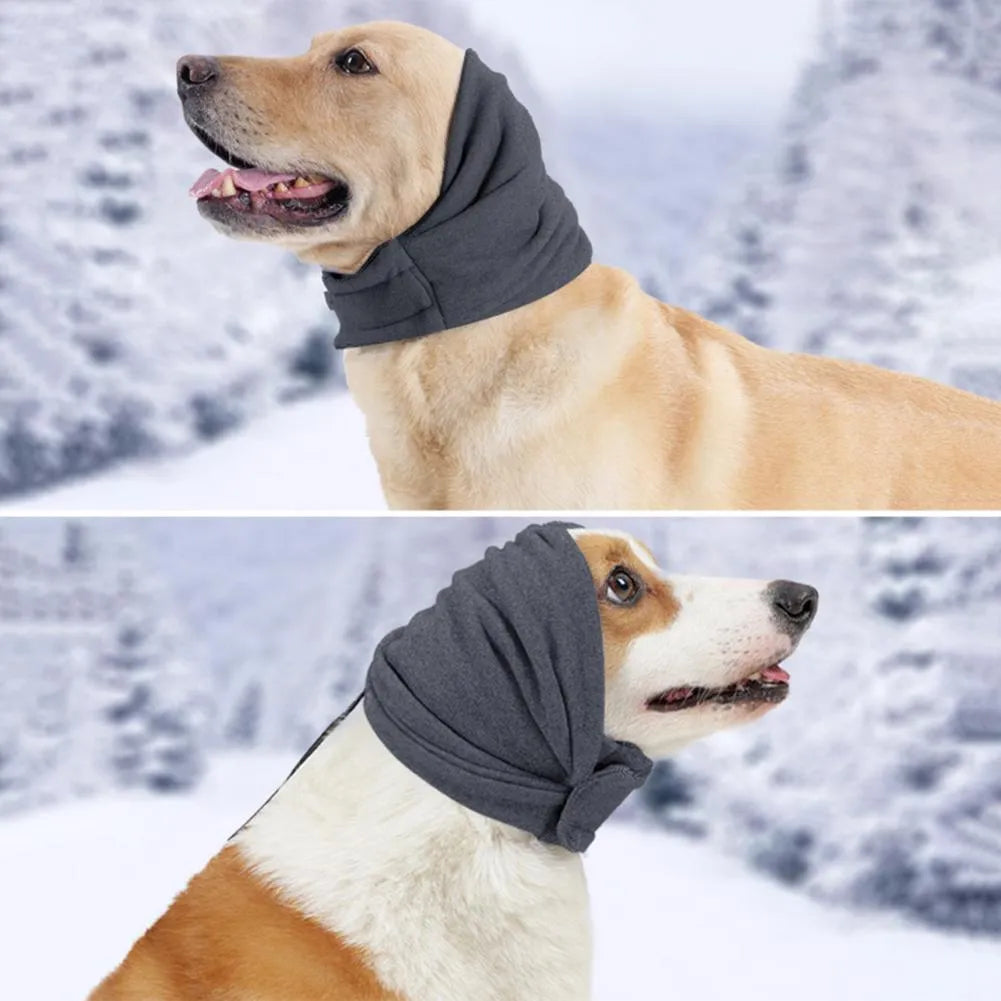 Black dog calming hoodie head wrap with earmuffs on a pet