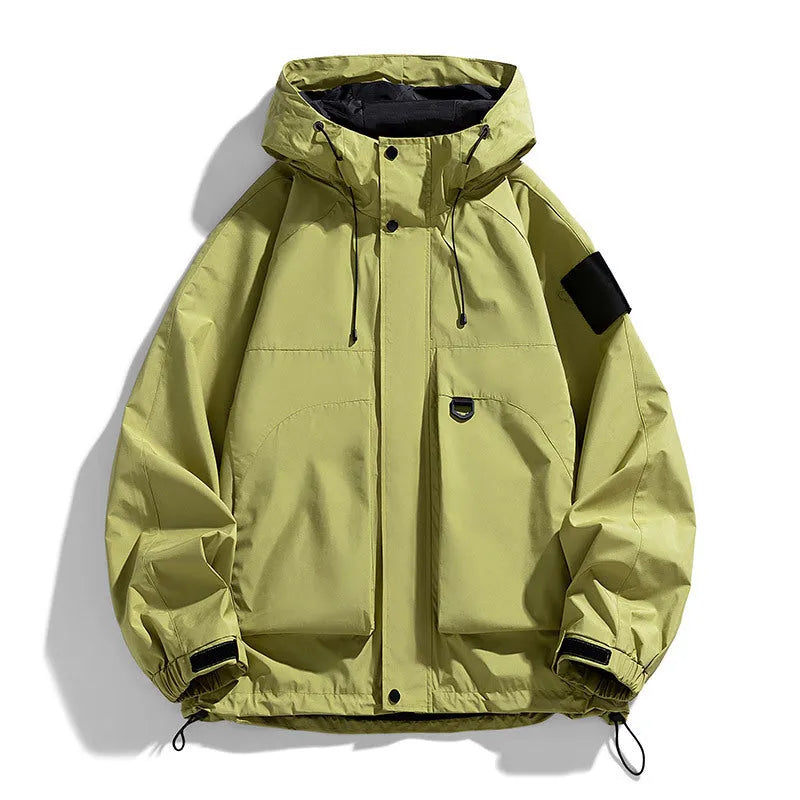 Men's black hooded windproof waterproof jacket shown on a model, with size chart showing options from M to 8XL.
