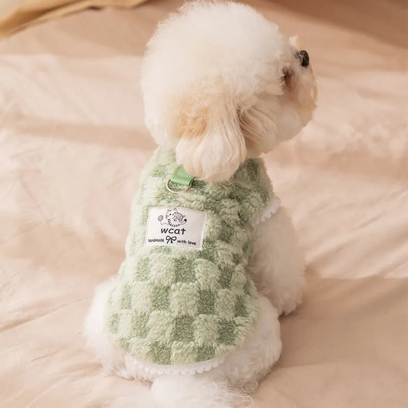 Korean autumn winter dog hoodie with cartoon bear design, green, for small medium pets