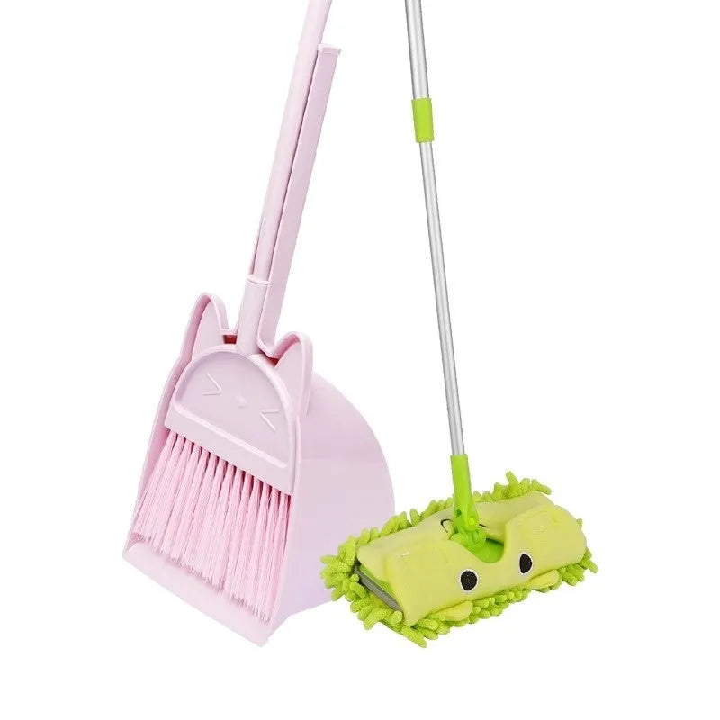 Purple, green, and beige plastic broom and dustpan set with a rotating brush holder.