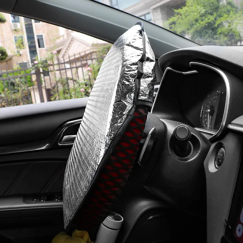 Aluminium foil car steering wheel sunshade cover with brand LOGO pattern, universal fit for general vehicle models