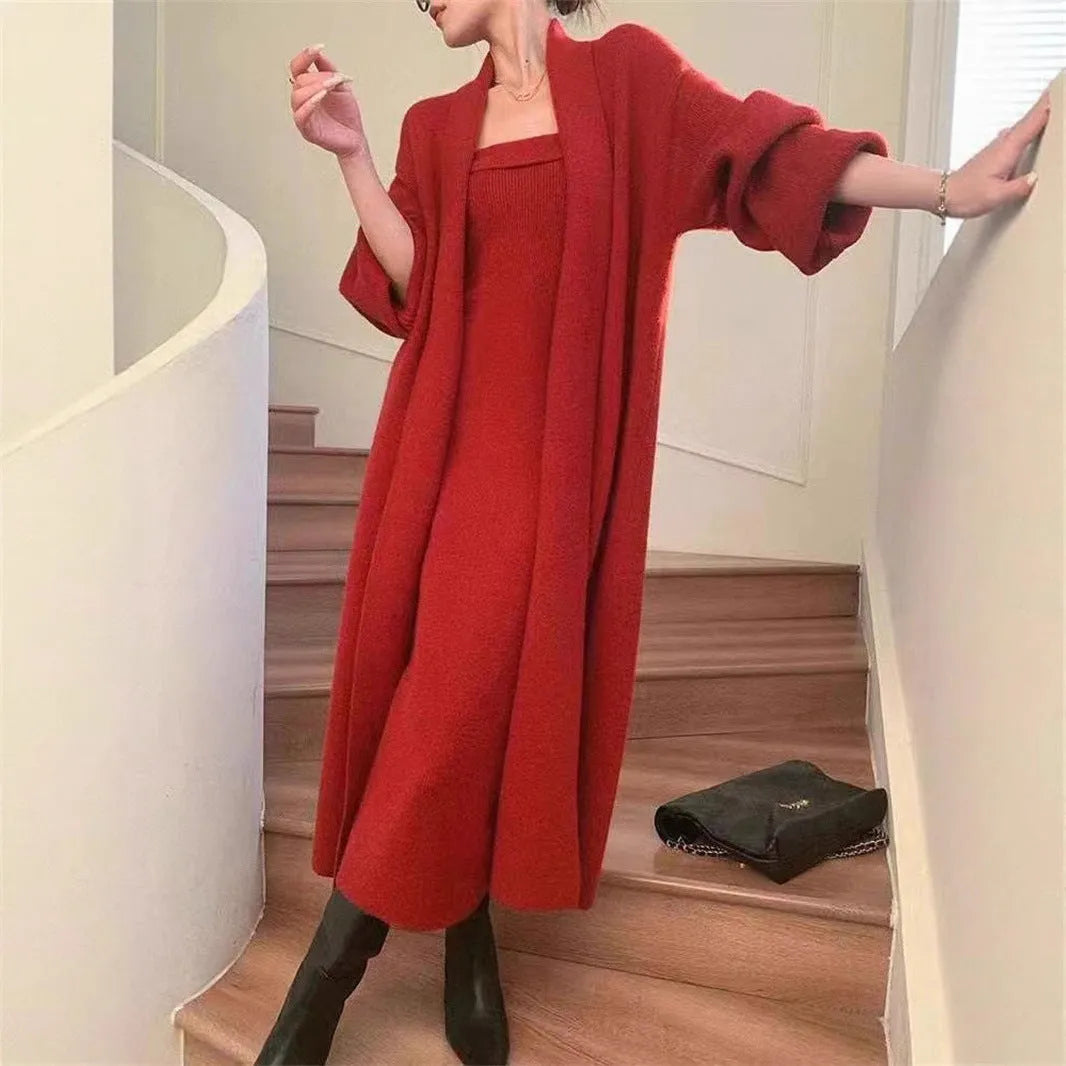 Women's grey knitted long sleeve dress and matching coat set with flocking texture detail