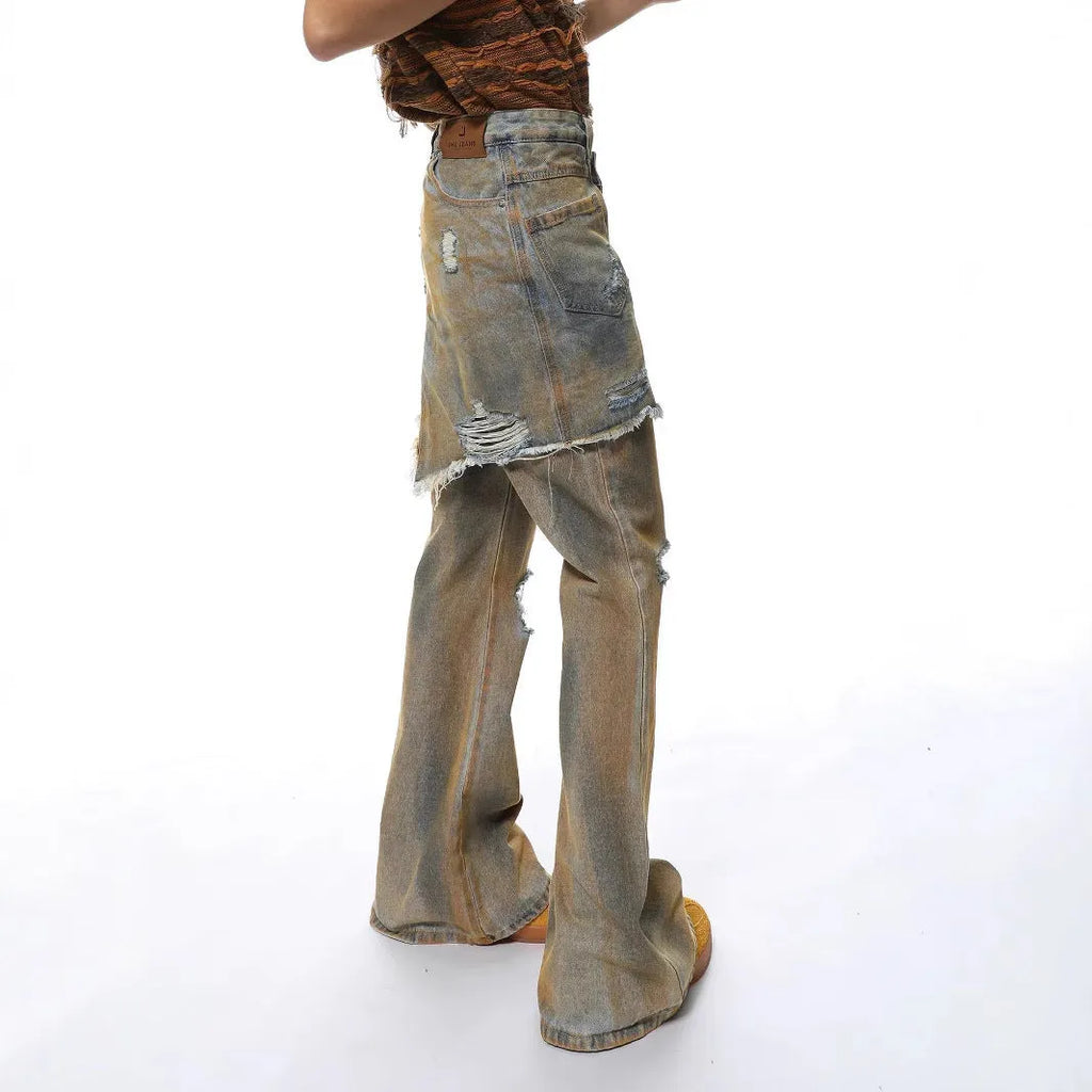 High-waist bootcut denim trousers in picture colour, front view, with button fly and straight-leg cut