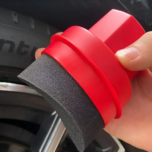 Car tyre polishing sponge brush with lid showing 85 × 120 mm dimensions and four colour/texture options