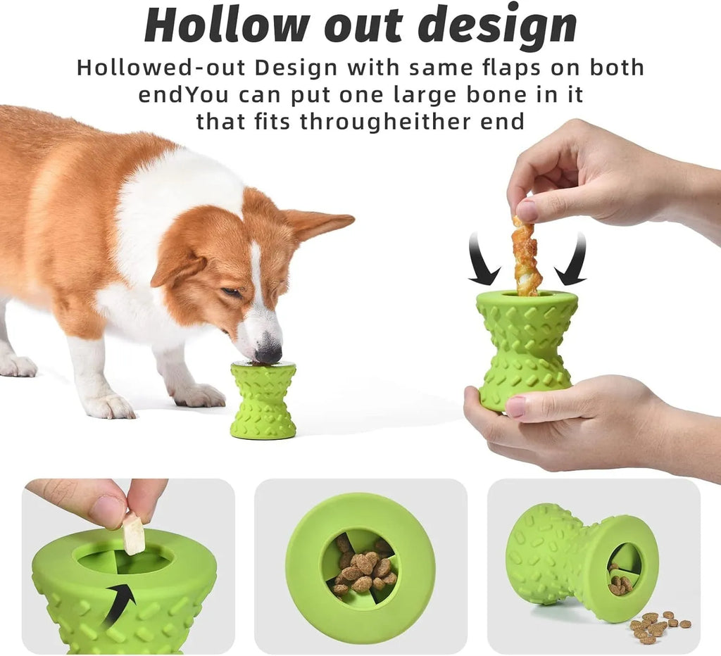 Blue natural rubber hollow dog chew toy with treat dispensing holes.