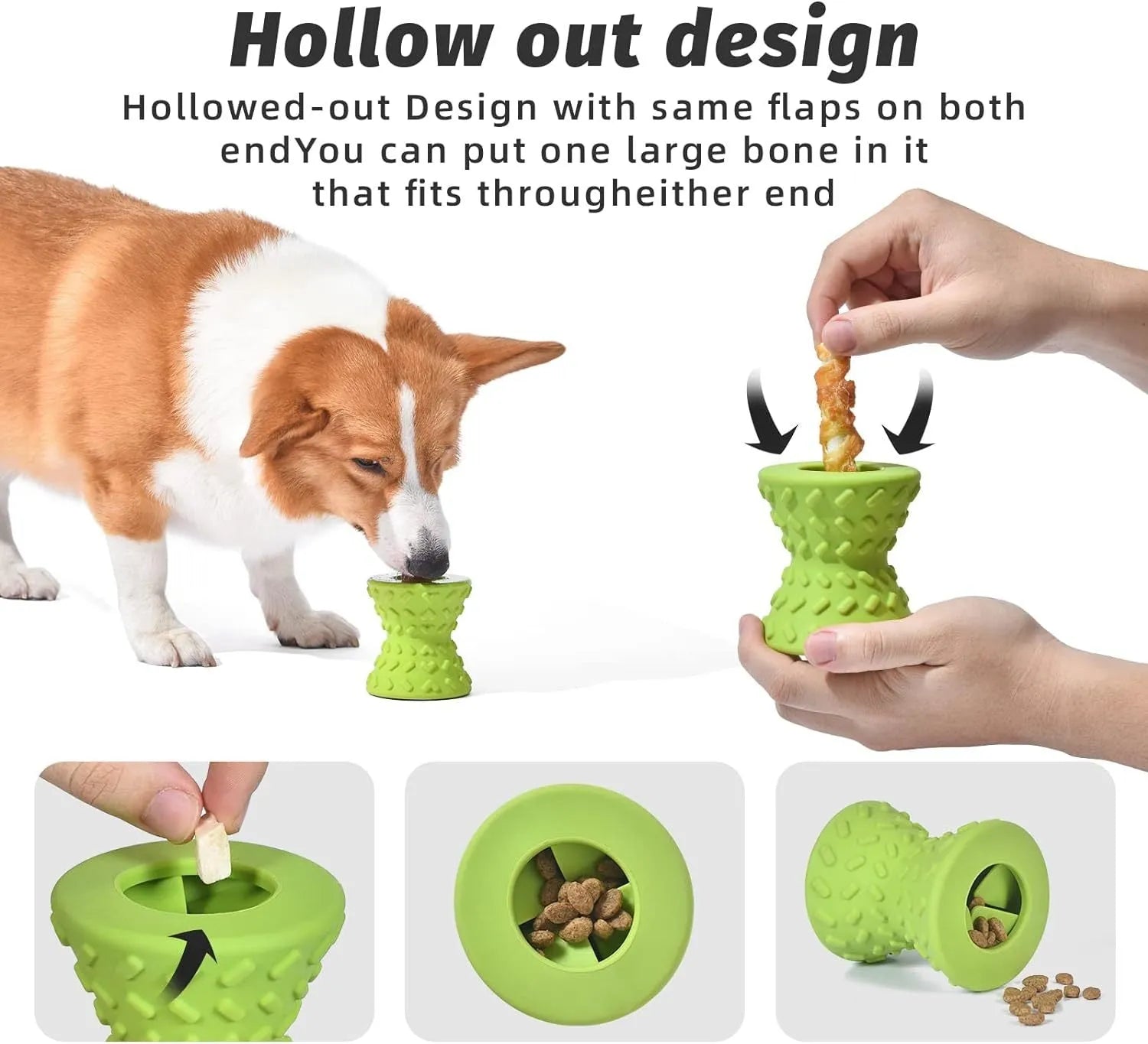Blue natural rubber hollow dog chew toy with treat dispensing holes.
