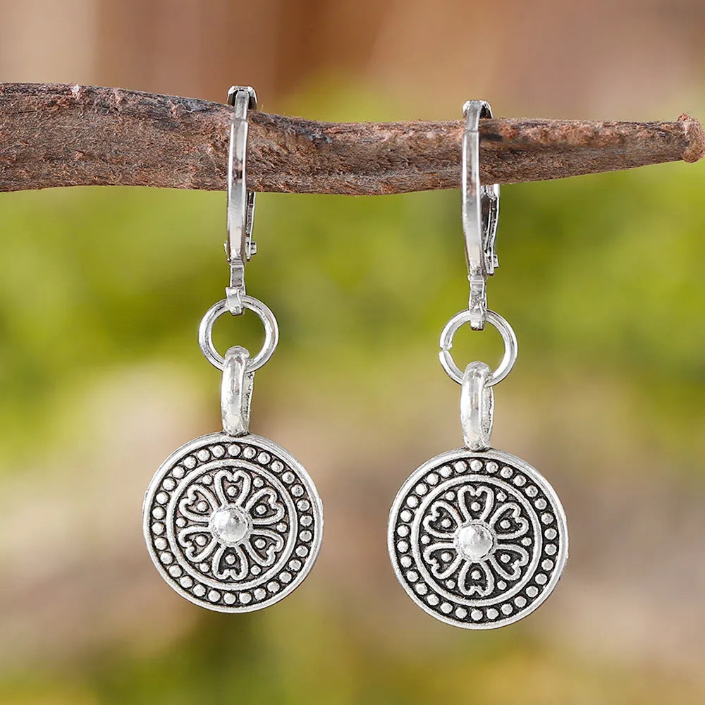 Bohemian style retro round distressed ethnic earrings in zinc alloy with geometric shape