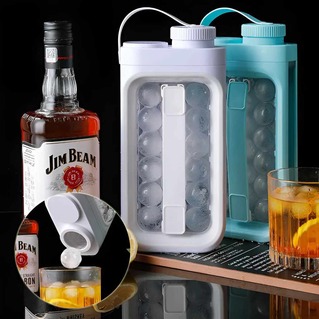 2-in-1 portable ice ball tray and water bottle with quick-release mould, light blue colour, 17 ice balls capacity