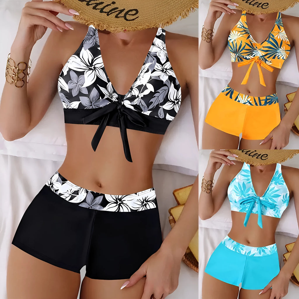 Plus size printed bikini swimsuit in orange polyester with spandex lining, sleeveless briefs style, sizes S-5XL