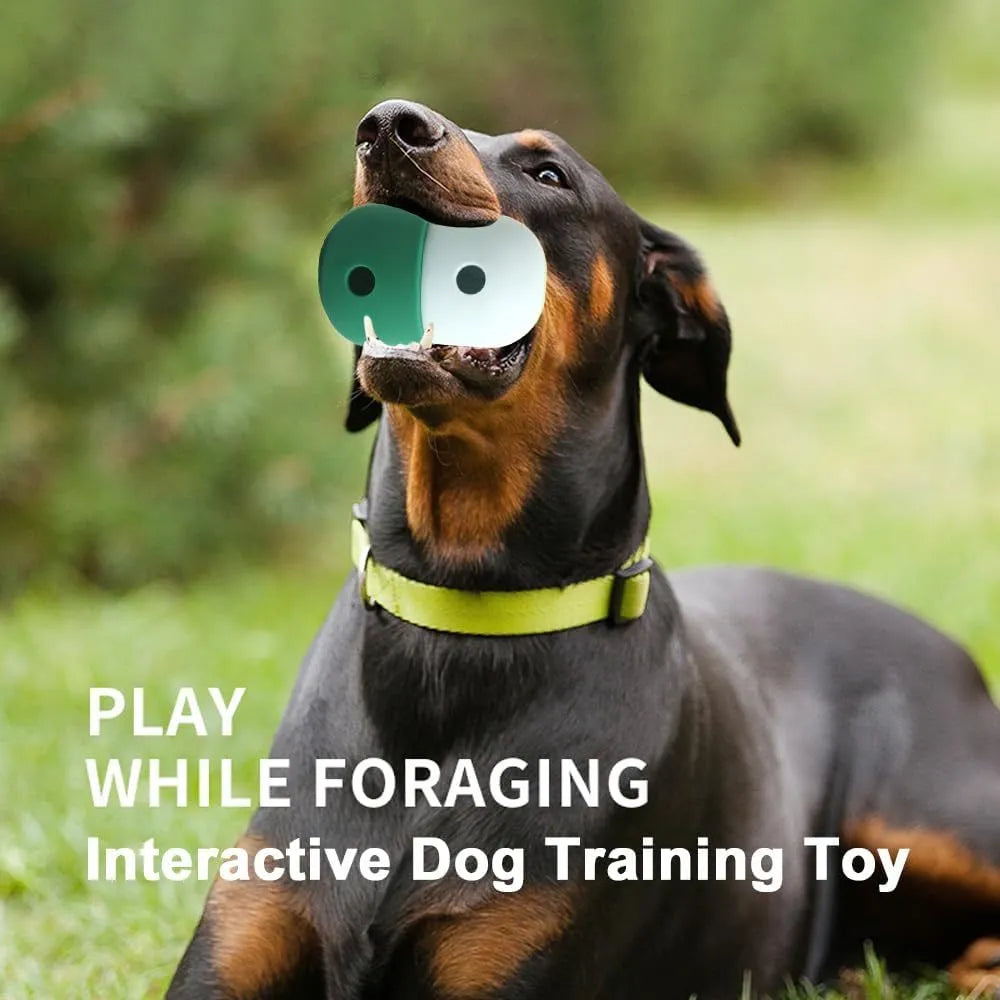 White and blue silicone dog treat puzzle ball toy on a wooden floor.