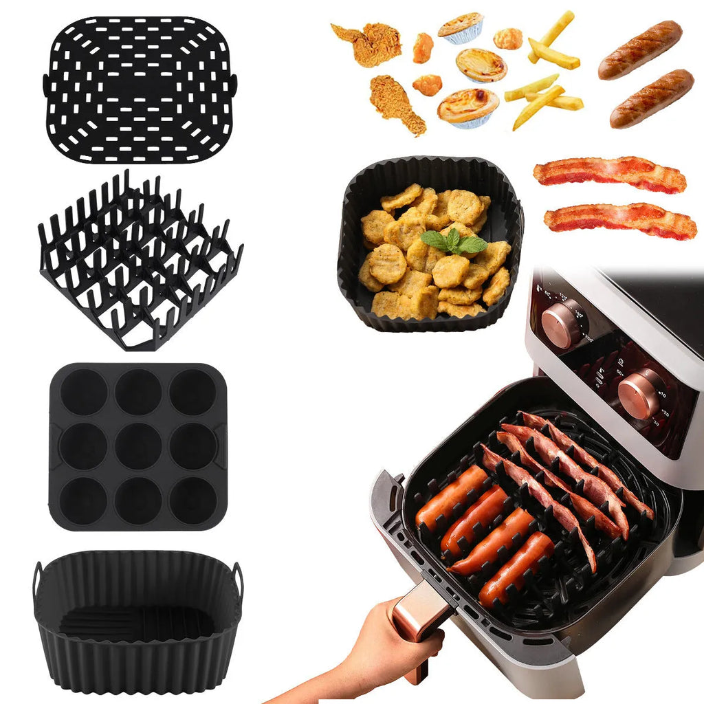 Black silicone square baking tray set for air fryer, 4 pieces on a light background
