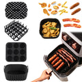 Black silicone square baking tray set for air fryer, 4 pieces on a light background