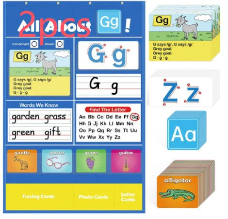 Creative Letters Learning Sleeve Table Chart with dry-erase marker, letter cards, and picture cards on a 60cm x 40cm wipe-clean surface.