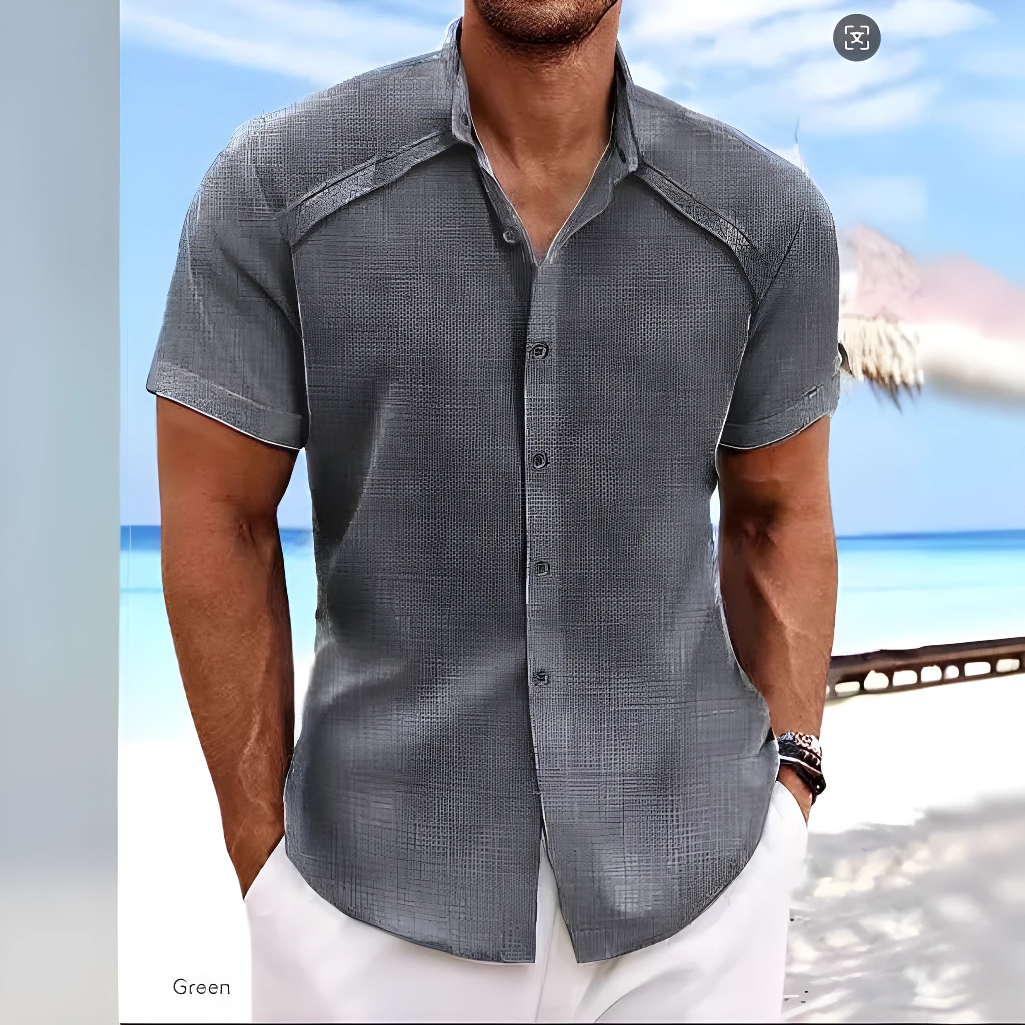 Man wearing a solid colour Hawaiian casual short sleeve shirt in a cotton blend fabric.