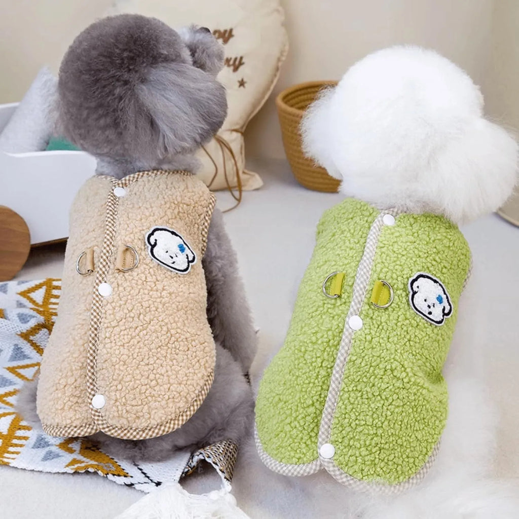 Green thickened coral fleece dog vest with a metal leash ring on a small dog.