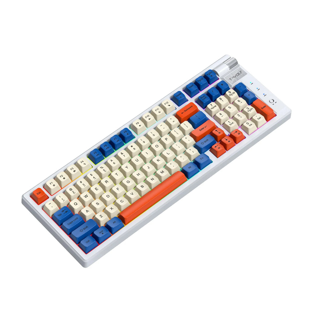 Bluetooth charging gaming mechanical keyboard in Blue Orange or Black Red, ABS body, 404 x 172 x 37.5mm, with USB receiver and 1.5m cable.