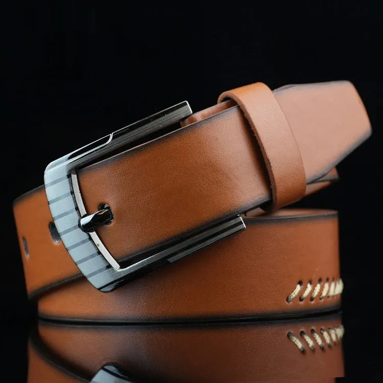 Men's threading pattern casual belt with alloy pin buckle in black colour showing retro design details
