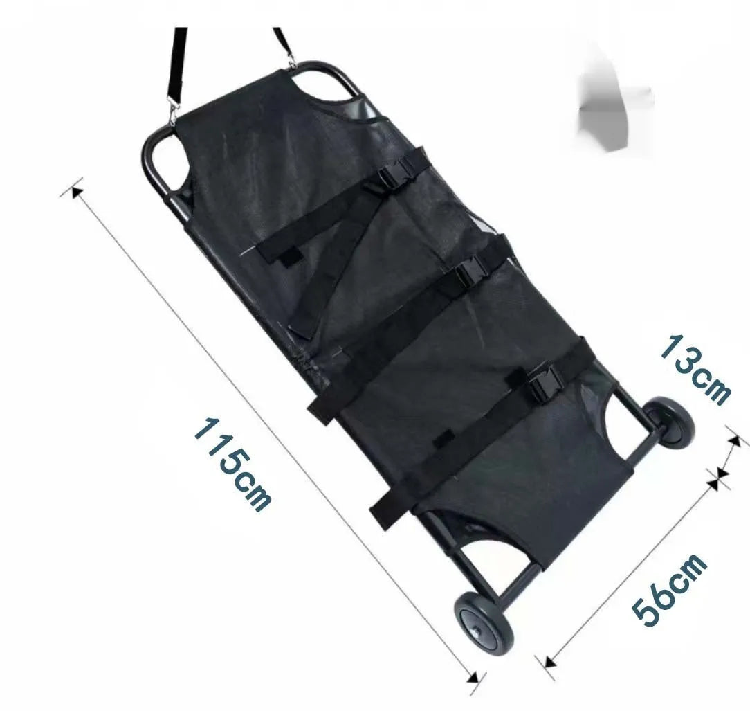 Large black aluminium alloy folding stretcher for dog emergency transport.