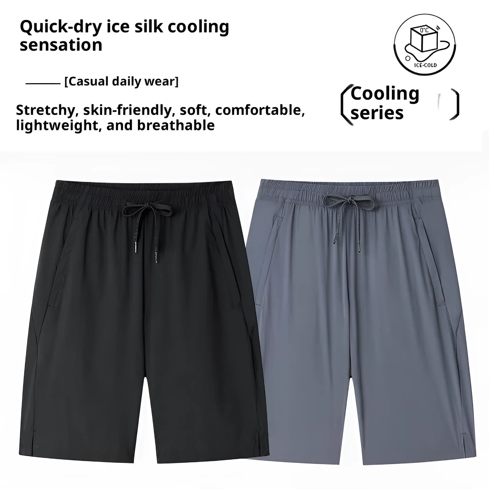 Men's ice silk nylon bermuda shorts in black with high elasticity, straight leg, sizes M to 4XL