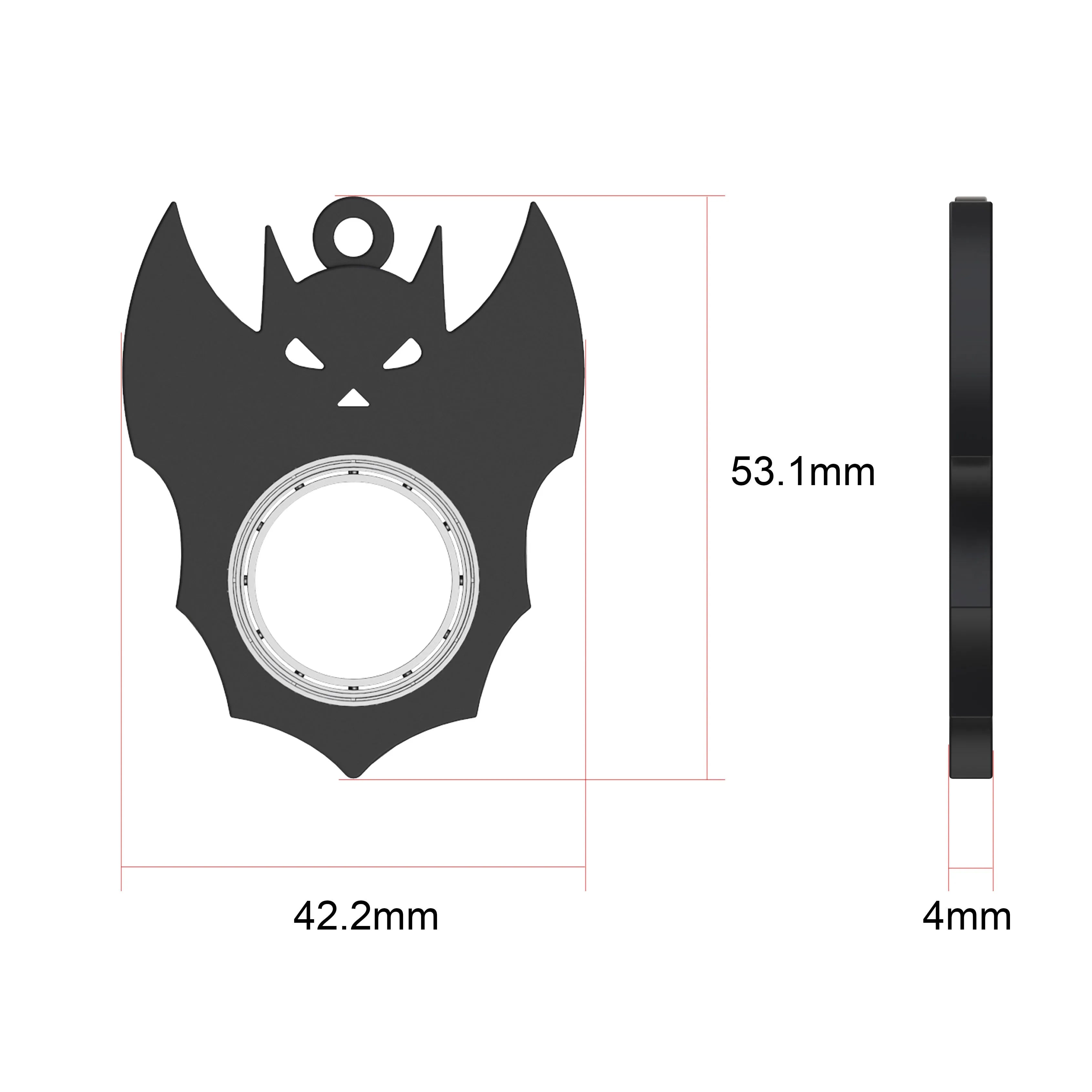 Black plastic Halloween bat demon ghost fidget spinner keychain with bottle opener on a dark background