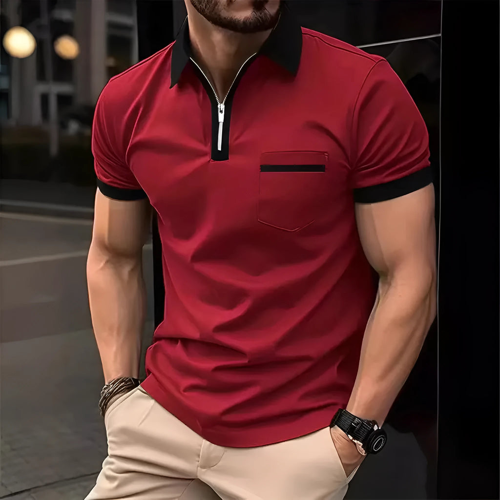 Men's casual short sleeve shirt with chest pocket and zipper decorations in a loose fit.