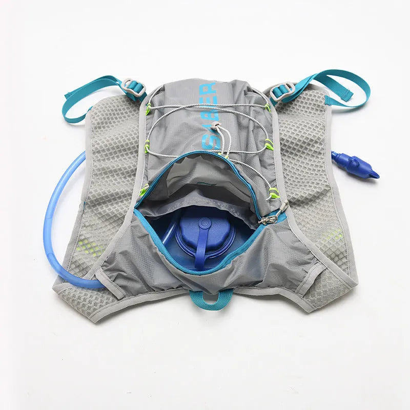 Multifunctional nylon running backpack with reflective strips, shown in blue.
