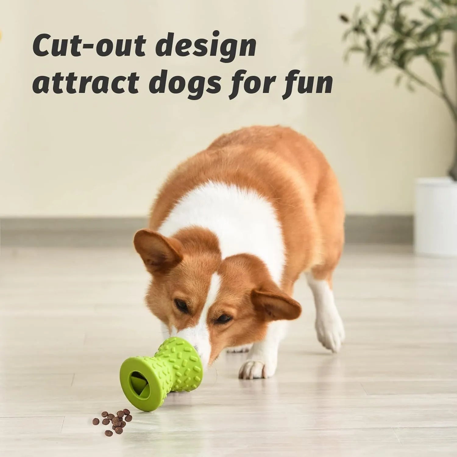 Blue natural rubber hollow dog chew toy with treat dispensing holes.