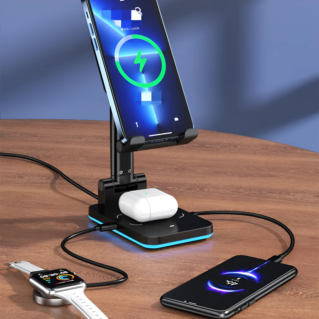 Black and white desktop phone stand with integrated wireless Qi charging pad.
