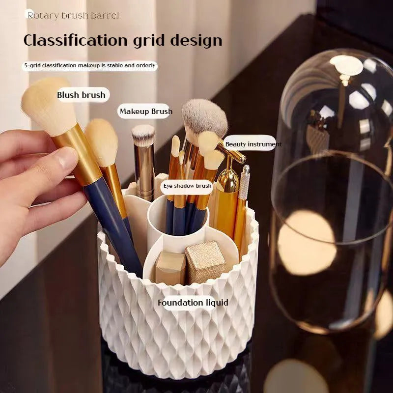 White rotating transparent acrylic makeup brush holder with dust-proof lid on desktop