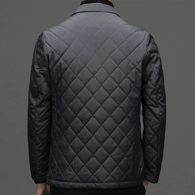 Men's black lapel-style thickened down jacket with side seam pockets on a mannequin.