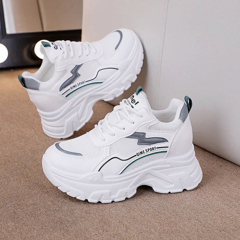Women's white height increasing dad shoes with breathable mesh and lace-up design