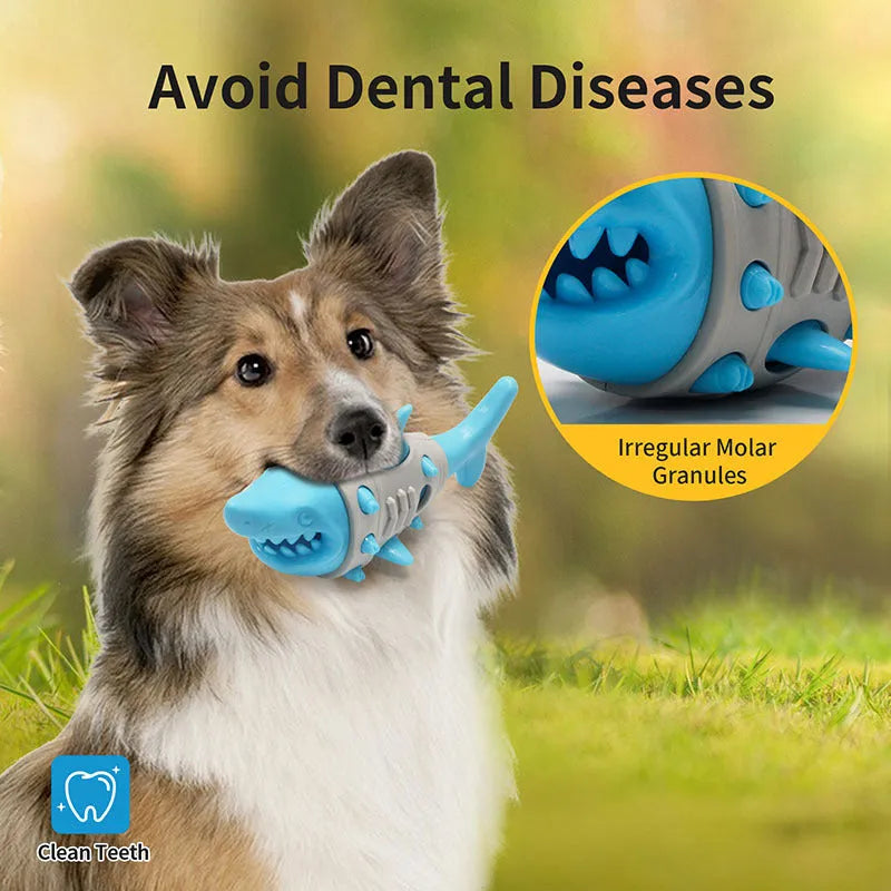Blue, grey, and yellow dog chew toy with textured shark-tooth surface and leaky, vented holes