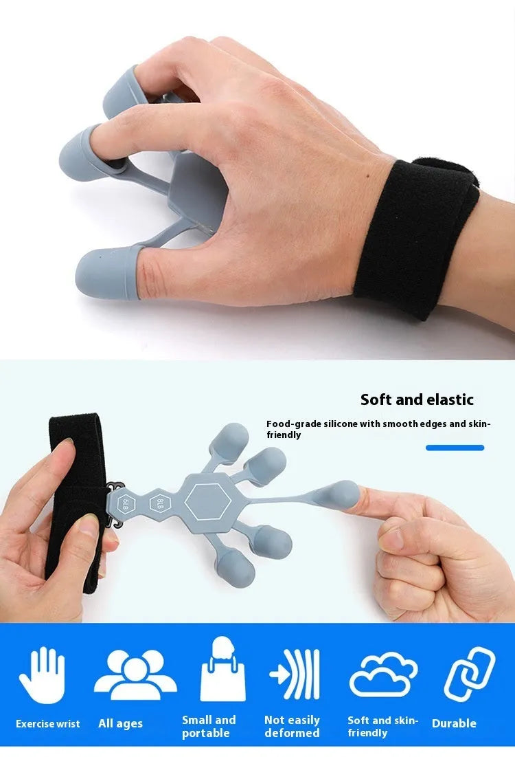 Grey silicone hand trainer brace with 5-finger design for adult rehabilitation and strength training