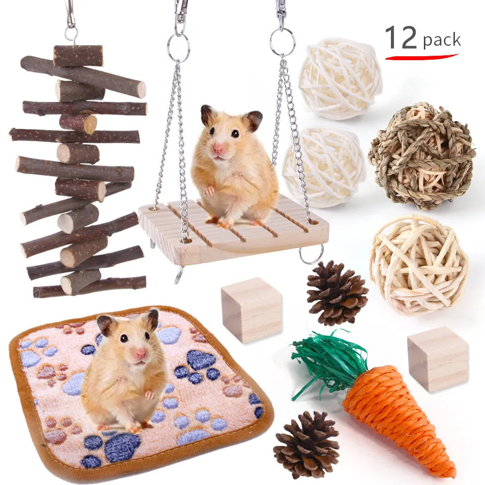 Wooden toy combination set for rabbits, guinea pigs, and parrots with straw mattress and natural material balls