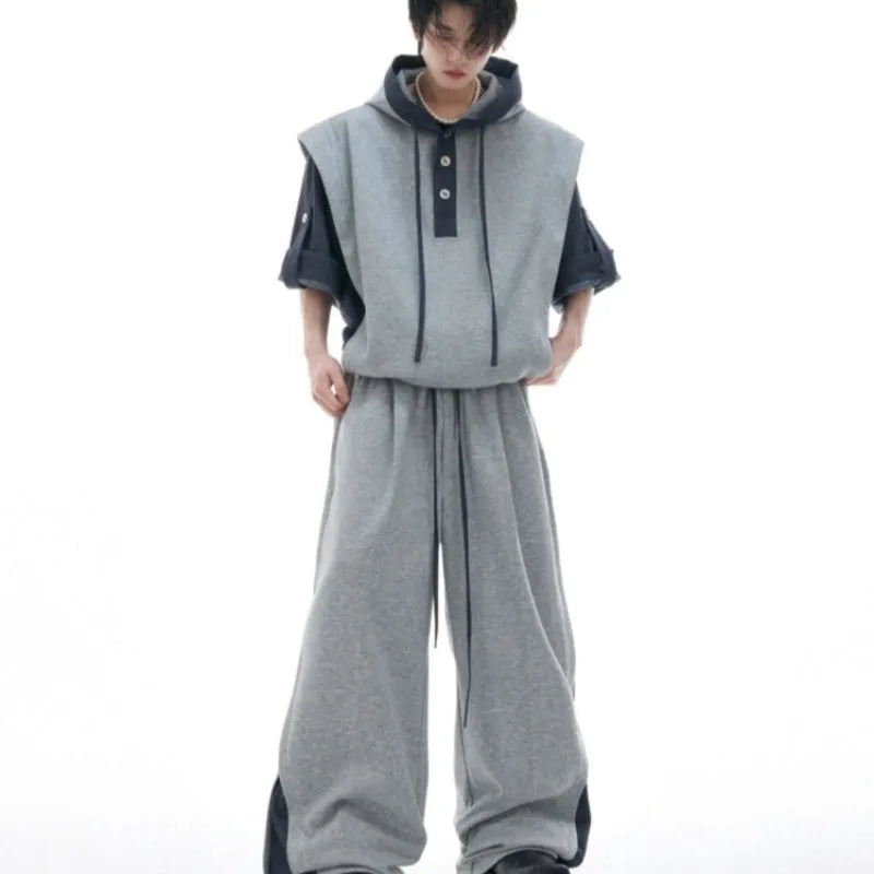 Men's black hooded short sleeve jacket and trousers leisure suit with three-dimensional stitching