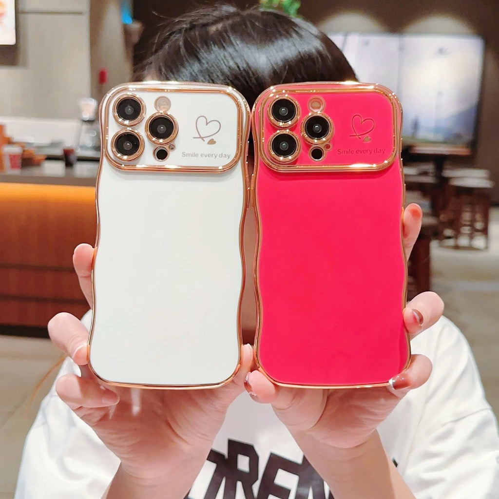 Electroplating wave love large window TPU phone case for iPhone, black colour, back view showing decorative wave pattern and card slot