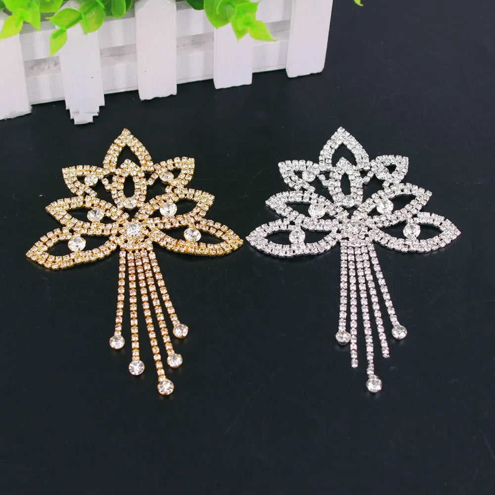 Crystal rhinestone flower applique with tassel in gold white diamond for wedding dress decoration