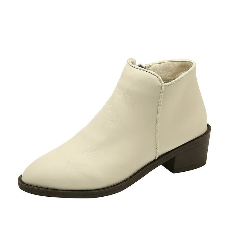 Women's suede ankle boots with side zipper and chunky low heel, in off-white, black, or khaki