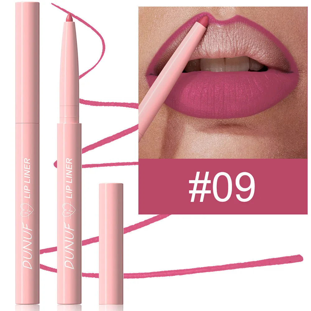 Velvet matte lip liner pencil in a display of 12 different colour shades.