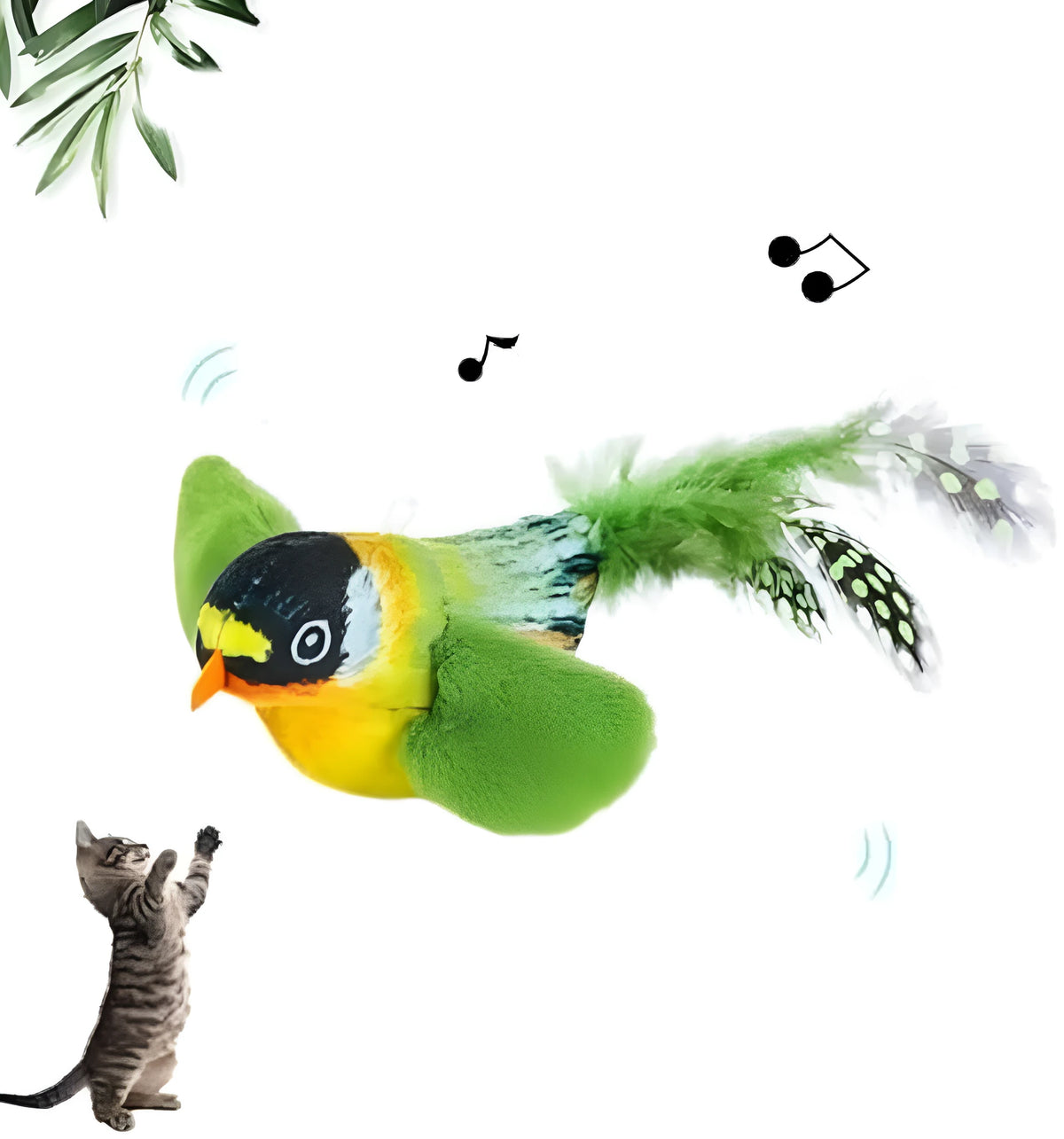 Flappy Chase cat toy with flapping wings and chirping sparrow simulation in Blue, Grey, or Green