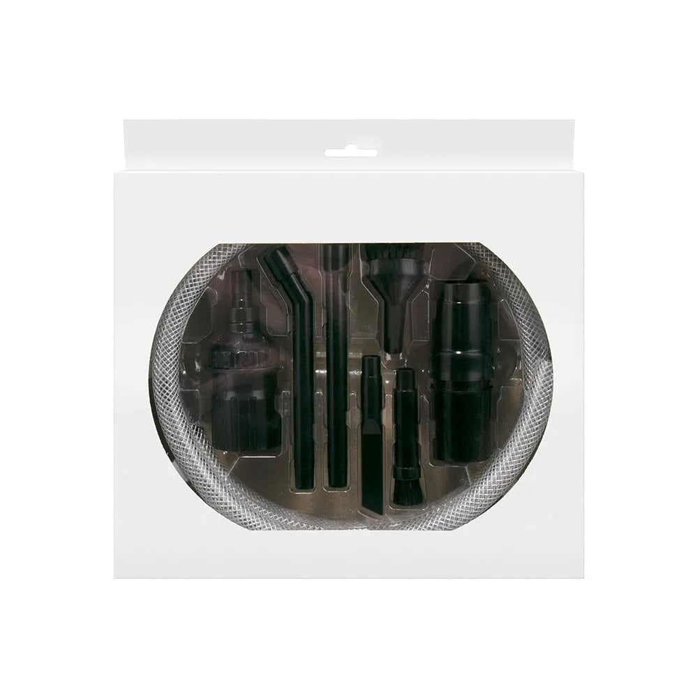 Eight small vacuum cleaner suction head accessories laid out, part of a multifunctional tool set for portable cleaners.