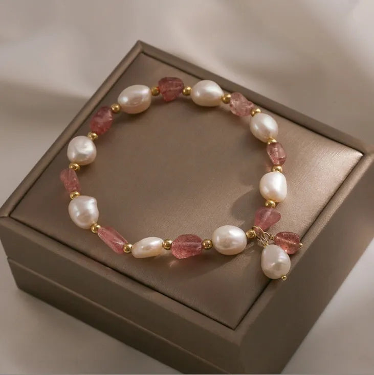 Handmade strawberry quartz crystal bracelet with green quartz moon charm for women