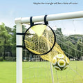 Portable black and yellow football training goal net with four target zones for shooting practice.