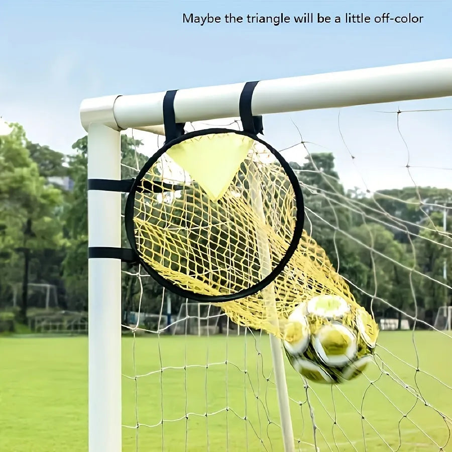 Portable black and yellow football training goal net with four target zones for shooting practice.