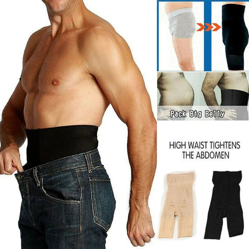 Men's high-waist cotton body shaper waist trainer in beige or black, sizes S to XXXL