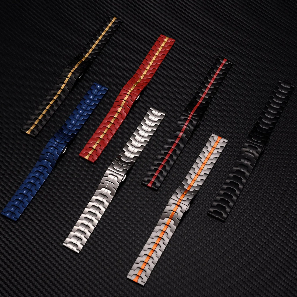 Stainless steel Samsung watch replacement band in silver colour with universal 20mm or 22mm sizing
