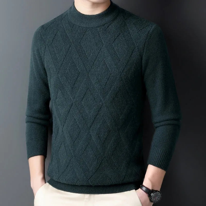 Men's thick grey diamond jacquard wool-blend pullover sweater on a hanger.
